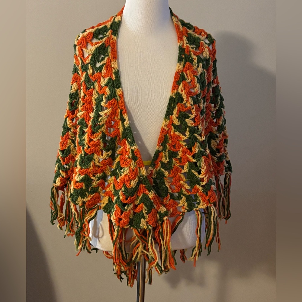 Handmade Vintage Crochet Boho Triangle Shawl Tassel Scarf 70's Green Gold Retro
